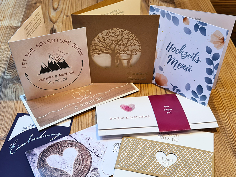 Individuell gestaltete Hochzeitseinladungen, Menü- und Dankeskarten für Hochzeiten
