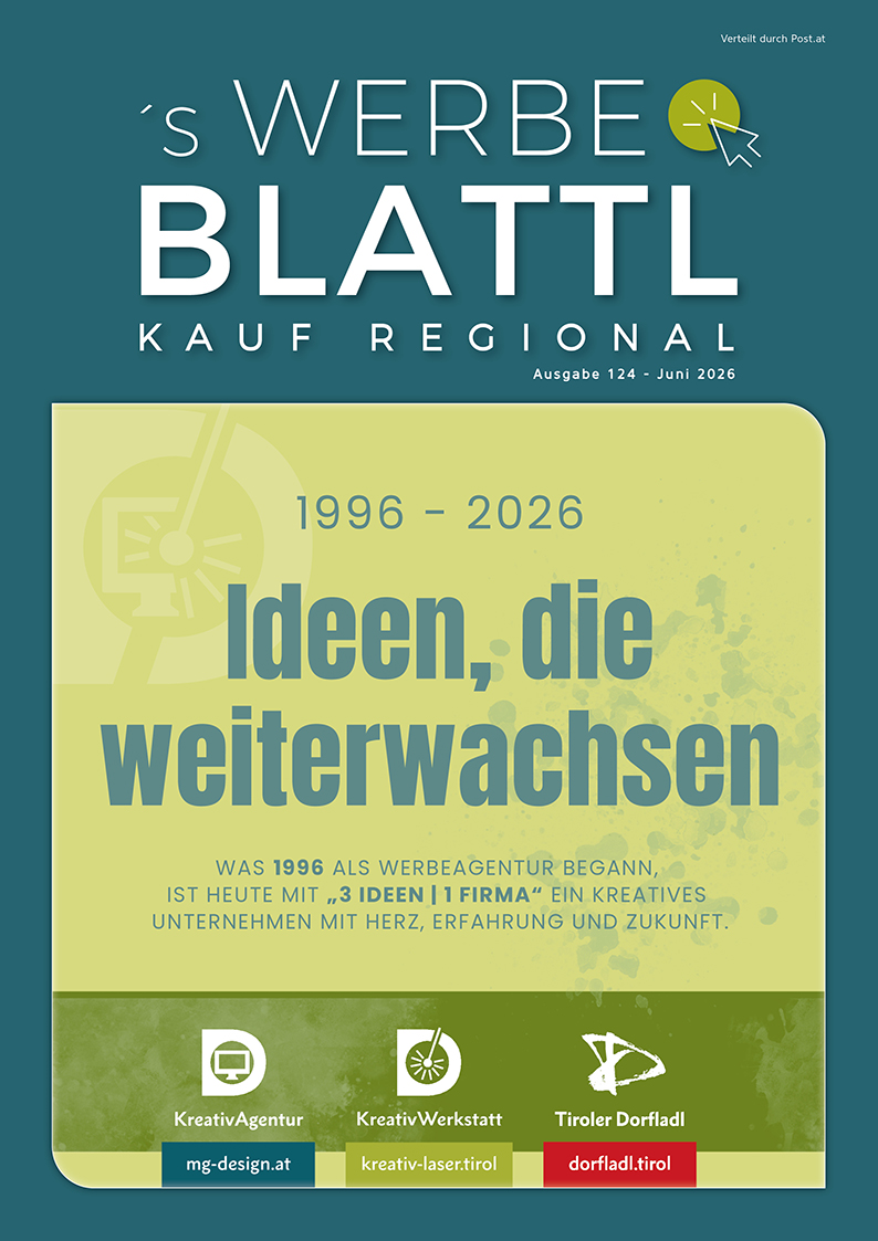 Werbeblattl Juni 2026, Ausgabe 124 – Titelseite zum 30-jährigen Jubiläum von MG-Design mit dem Motto "Ideen, die weiterwachsen"